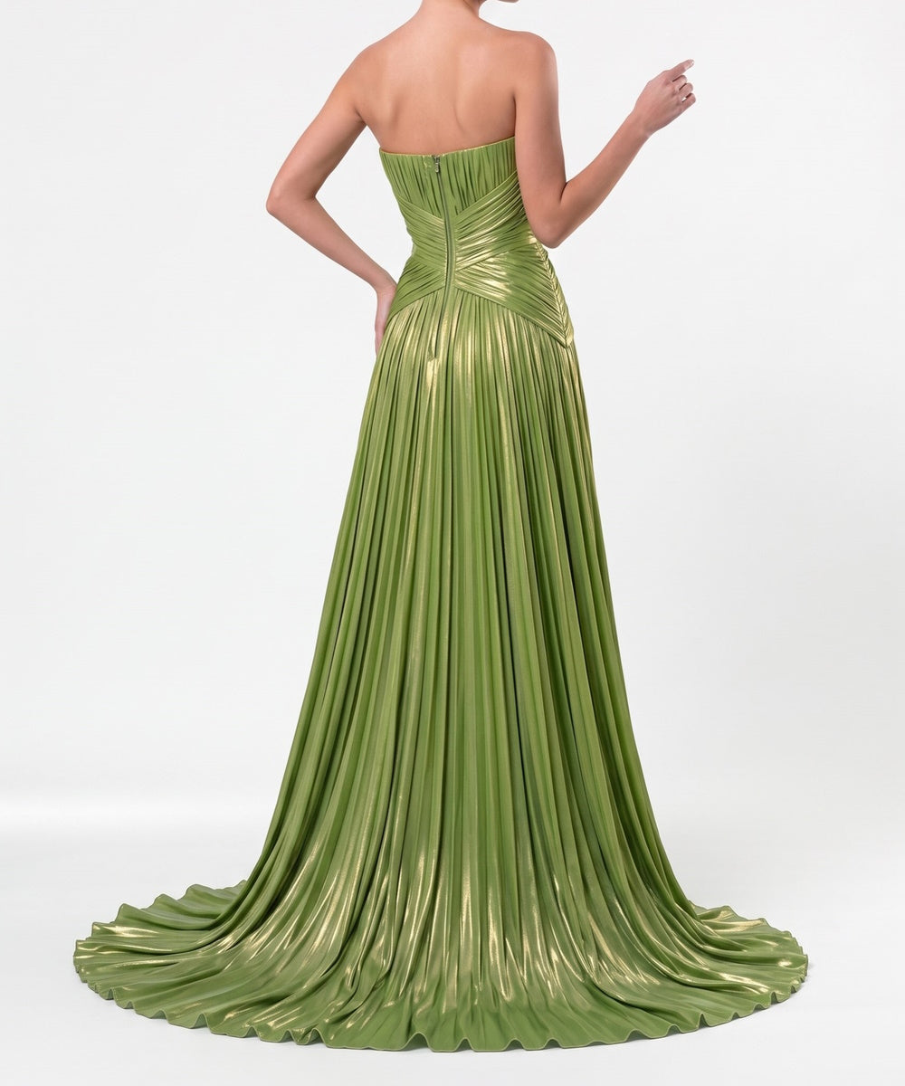 Strapless Metallic Green Pleated A‑Line Evening Gown With Train
