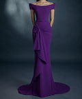 Violet Off Shoulder Belted Twist Draped Mermaid Train Maxi Evening Gown
