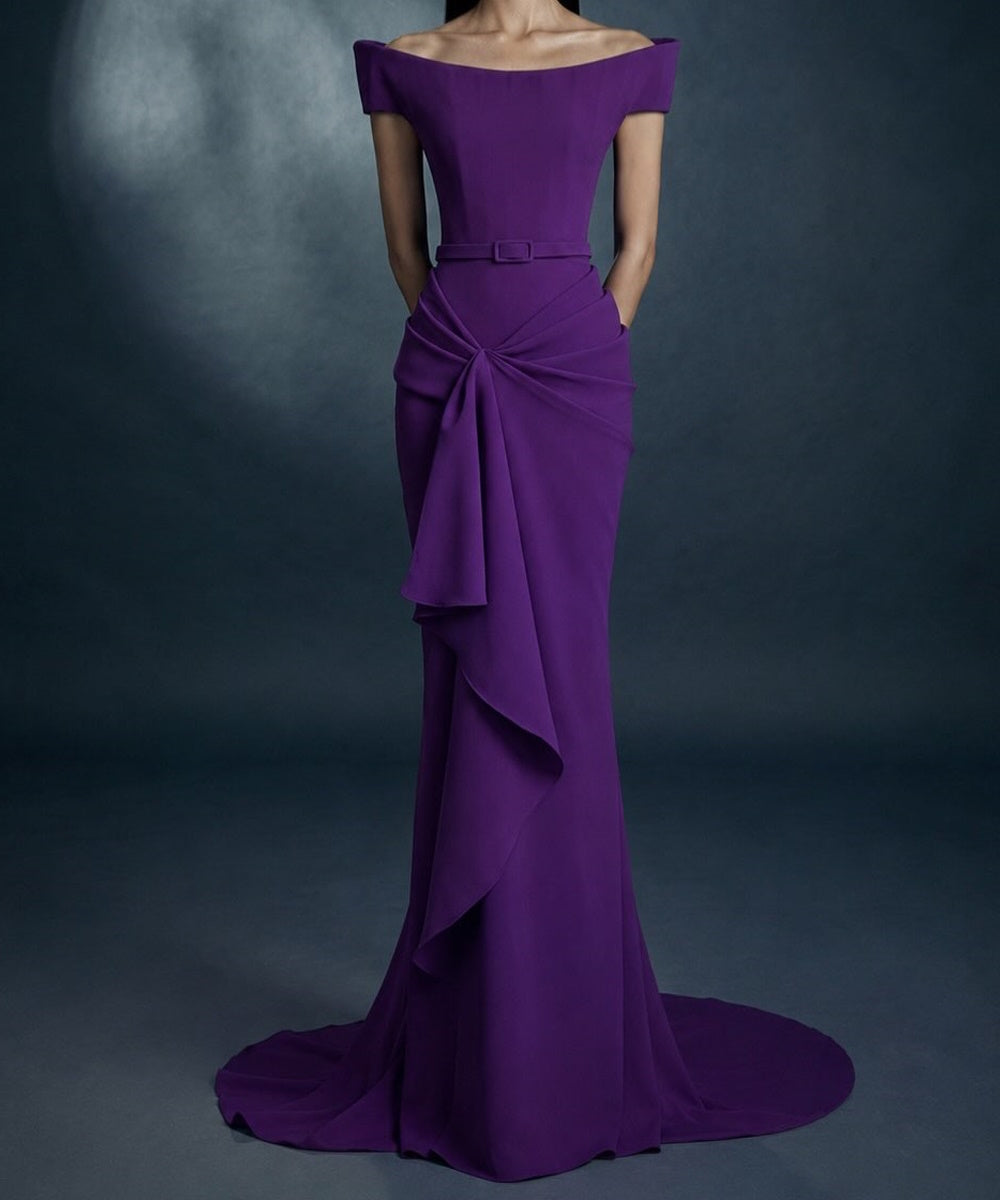 Violet Off Shoulder Belted Twist Draped Mermaid Train Maxi Evening Gown