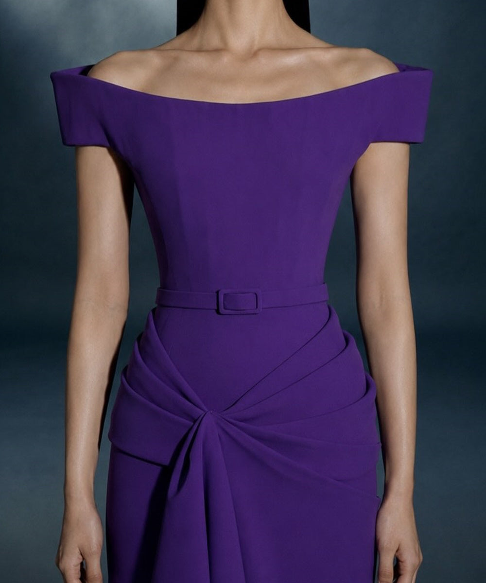 Violet Off Shoulder Belted Twist Draped Mermaid Train Maxi Evening Gown