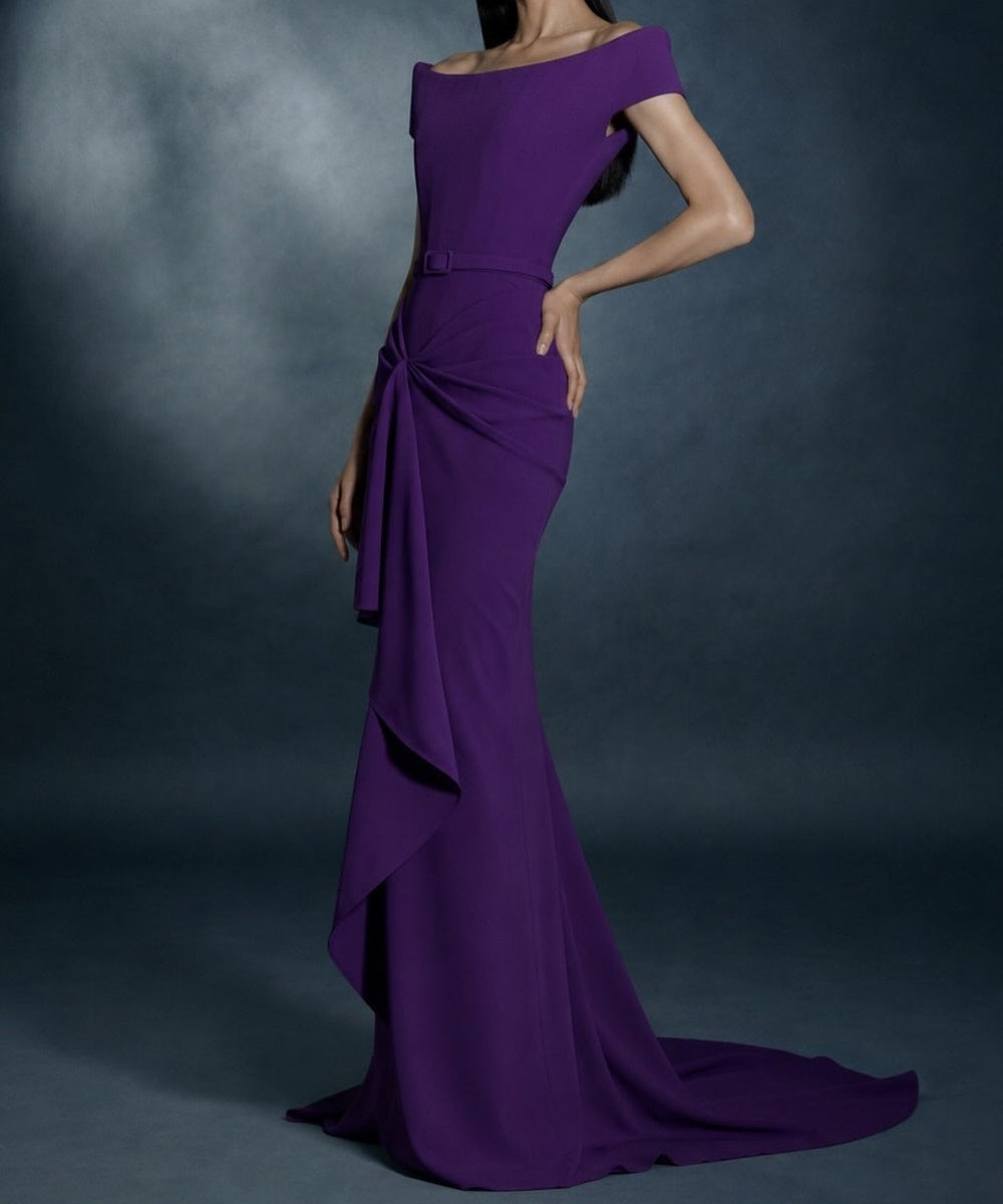 Violet Off Shoulder Belted Twist Draped Mermaid Train Maxi Evening Gown