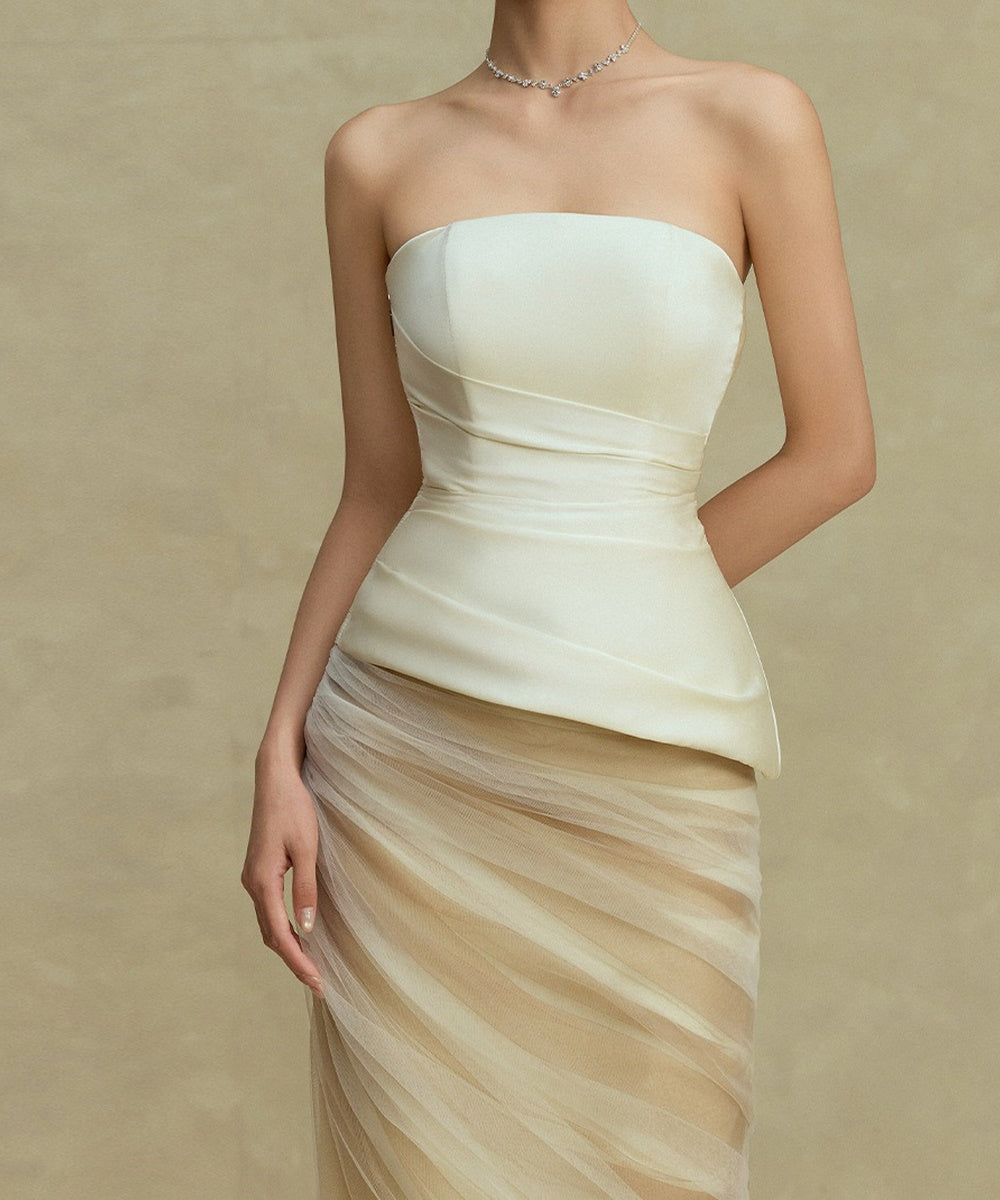 Cream Strapless Satin Peplum Draped Tulle Mermaid Maxi Evening Gown
