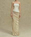 Cream Strapless Satin Peplum Draped Tulle Mermaid Maxi Evening Gown