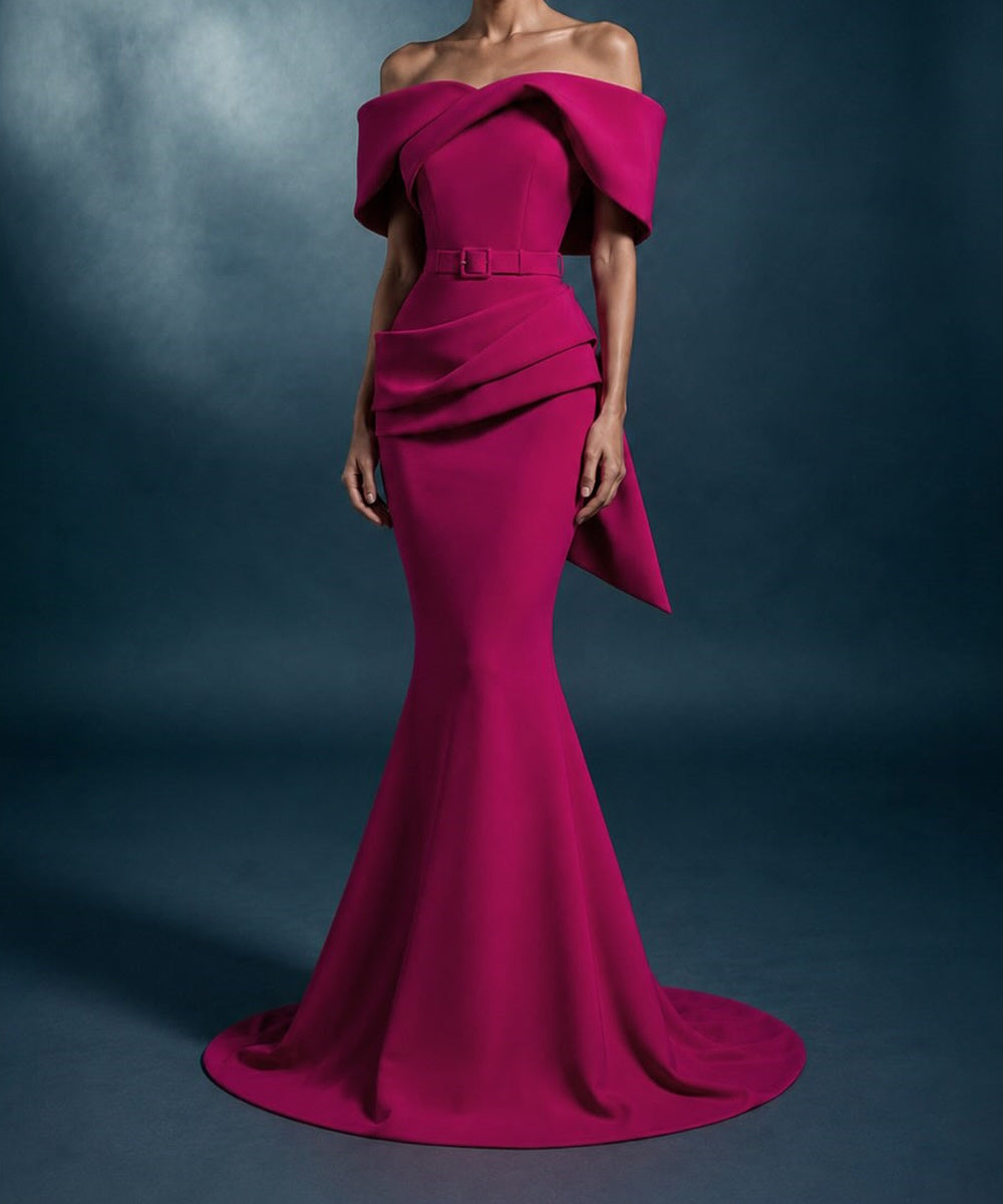 Fuchsia Off Shoulder Belted Draped Mermaid Evening Gown