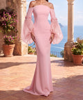Blush Pink Off Shoulder Organza Puff Sleeve Floral Mermaid Maxi Evening Gown