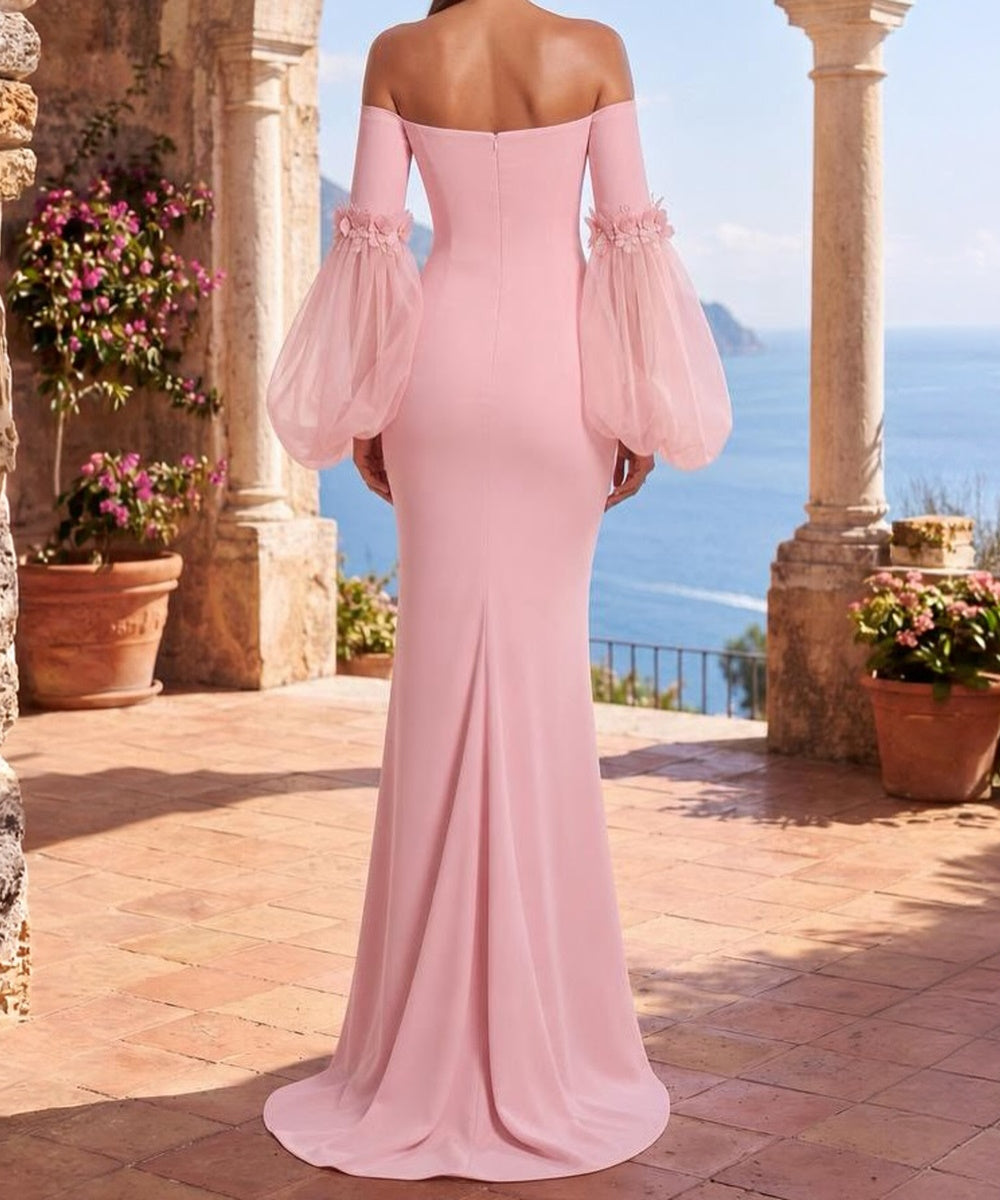 Blush Pink Off Shoulder Organza Puff Sleeve Floral Mermaid Maxi Evening Gown