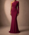 Burgundy One Shoulder Long Sleeve Mermaid Evening Gown with Back Bow