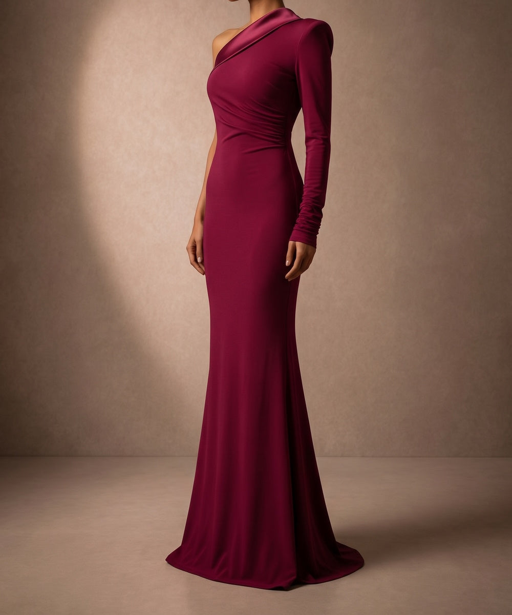 Burgundy One Shoulder Long Sleeve Mermaid Evening Gown with Back Bow