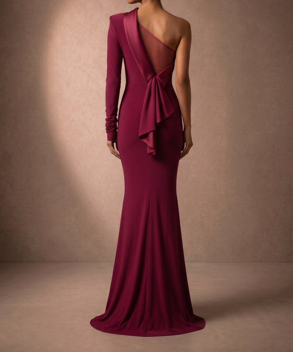 Burgundy One Shoulder Long Sleeve Mermaid Evening Gown with Back Bow