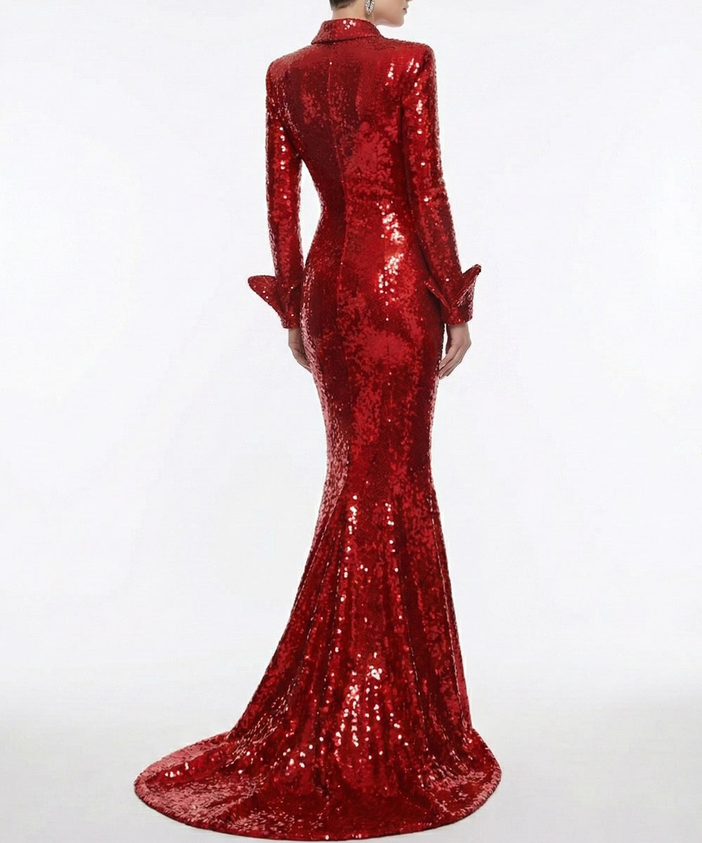 Red Sequin Blazer Lapel Flared Cuff Long Sleeve Mermaid Train Evening Gown