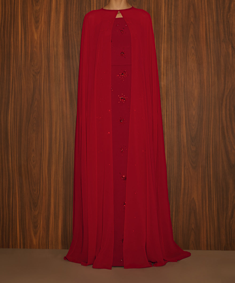 Red Strapless Beaded Mermaid Evening Gown With Chiffon Cape