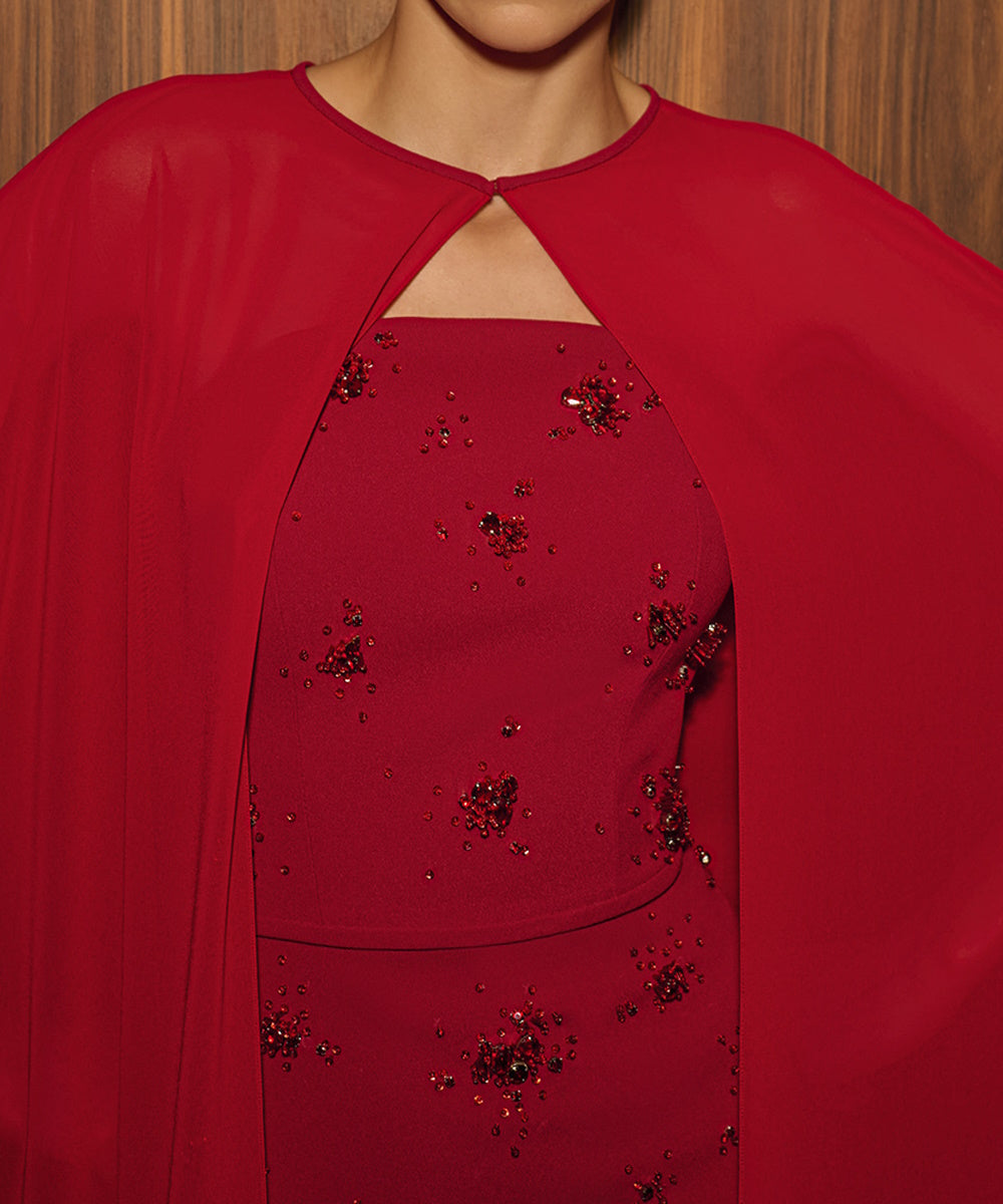 Red Strapless Beaded Mermaid Evening Gown With Chiffon Cape