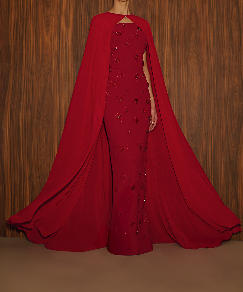 Red Strapless Beaded Mermaid Evening Gown With Chiffon Cape