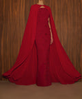 Red Strapless Beaded Mermaid Evening Gown With Chiffon Cape