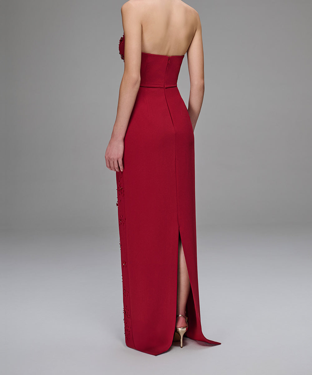 Red Strapless Beaded Mermaid Evening Gown With Chiffon Cape
