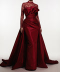 Burgundy Satin Mermaid Evening Gown Lace High Long Sleeve Formal Dress With Overskirt