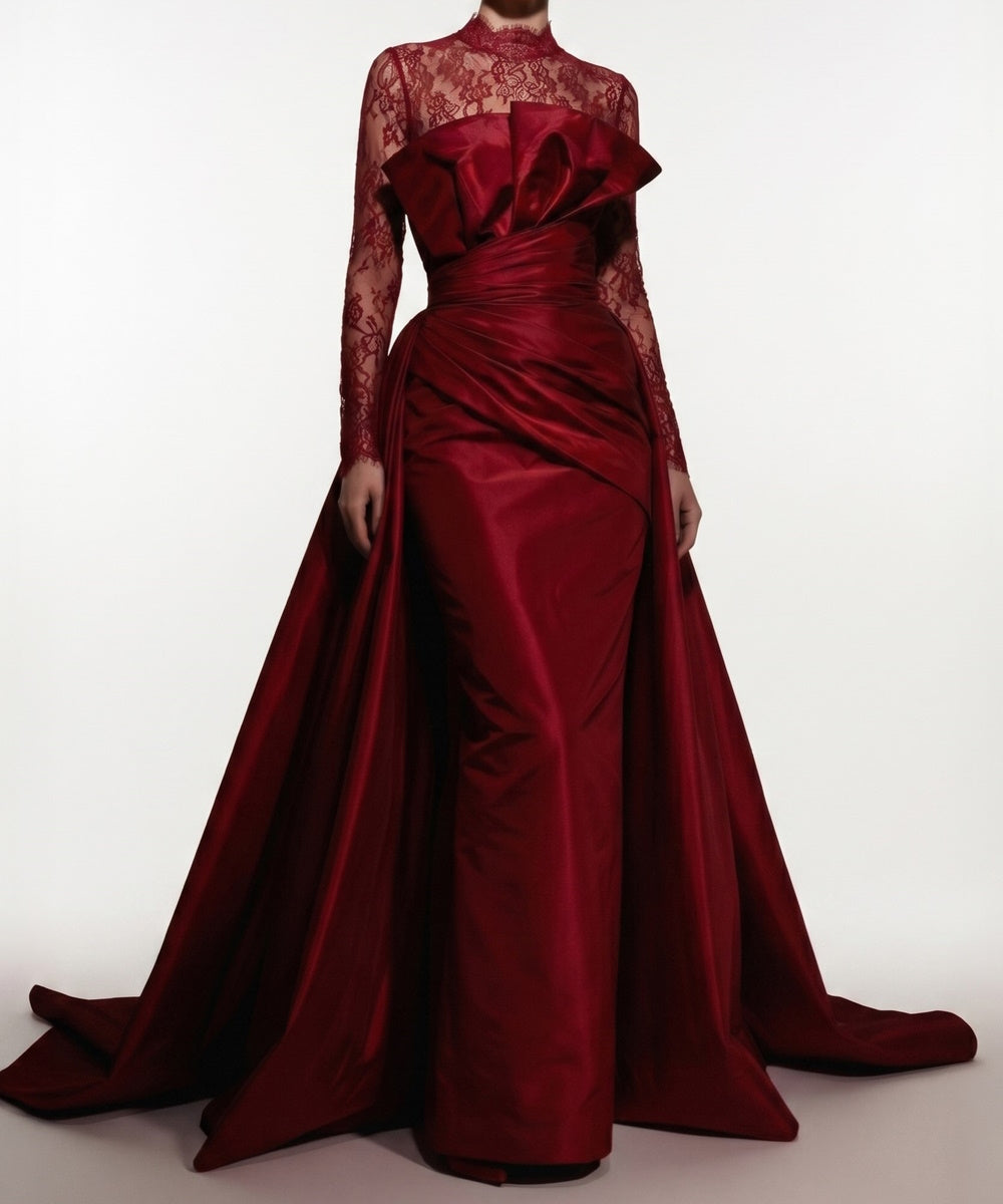 Burgundy Satin Mermaid Evening Gown Lace High Long Sleeve Formal Dress With Overskirt