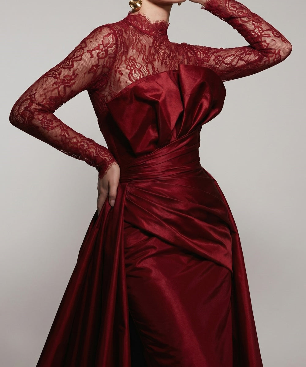 Burgundy Satin Mermaid Evening Gown Lace High Long Sleeve Formal Dress With Overskirt