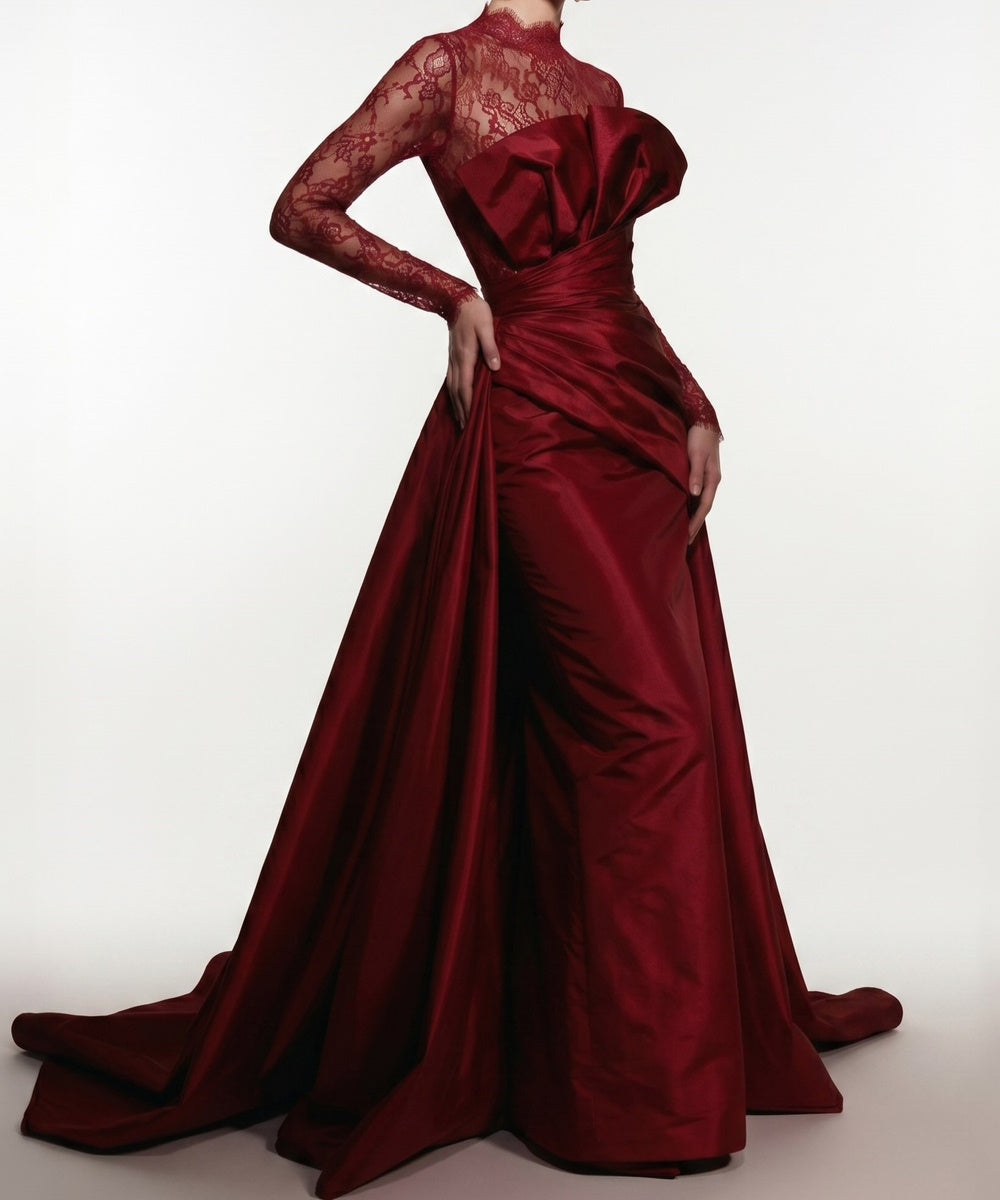Burgundy Satin Mermaid Evening Gown Lace High Long Sleeve Formal Dress With Overskirt