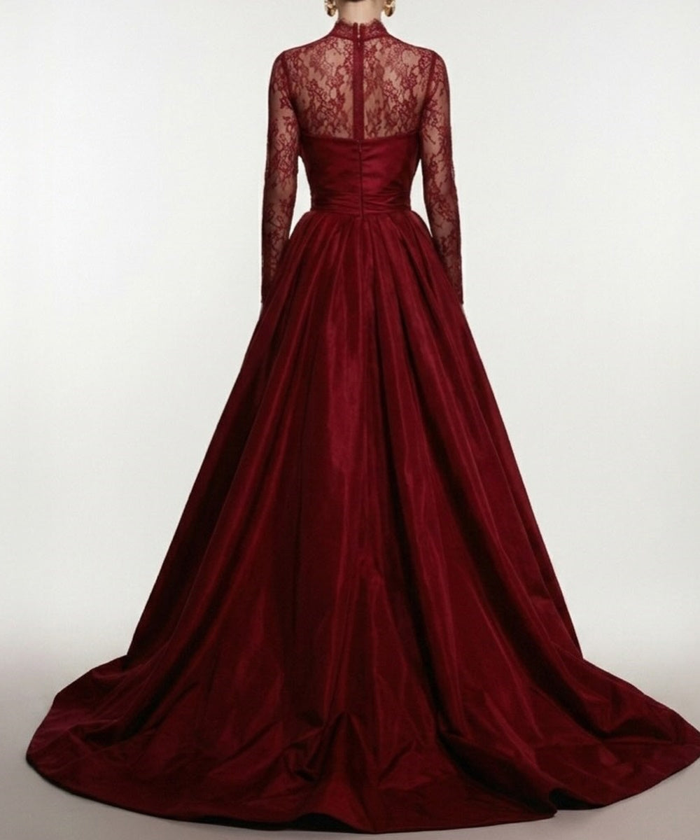 Burgundy Satin Mermaid Evening Gown Lace High Long Sleeve Formal Dress With Overskirt