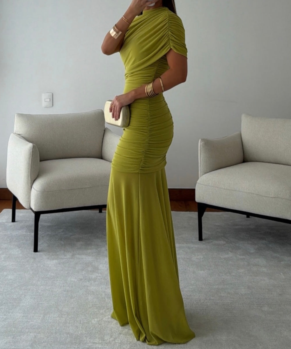 Olive Green Draped Ruched Mermaid Maxi Evening Gown