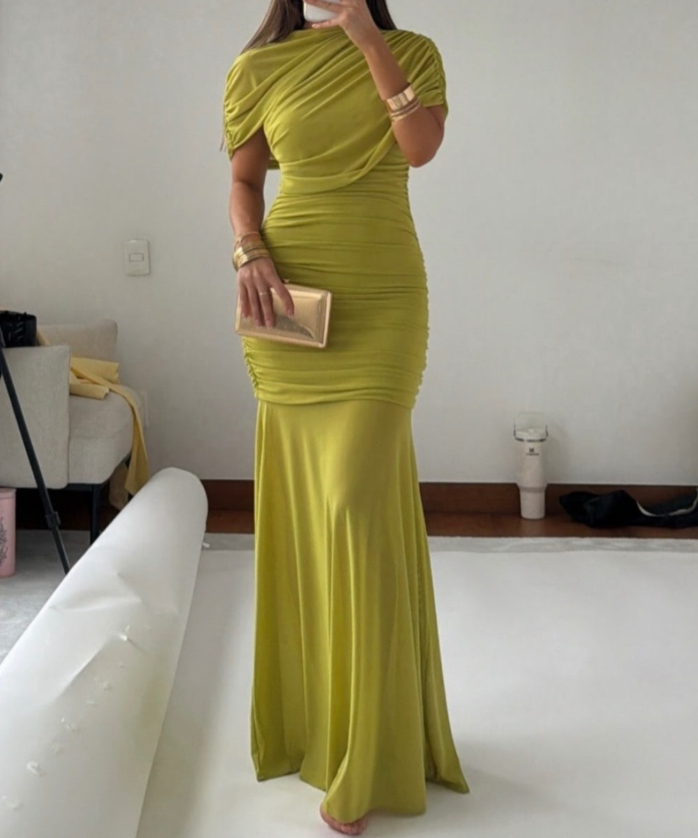Olive Green Draped Ruched Mermaid Maxi Evening Gown