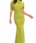 Olive Green Draped Ruched Mermaid Maxi Evening Gown
