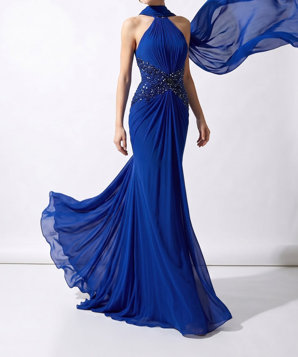 Halter Neck Beaded Royal Blue Chiffon Mermaid Evening Gown With Flowing Scarf Detail