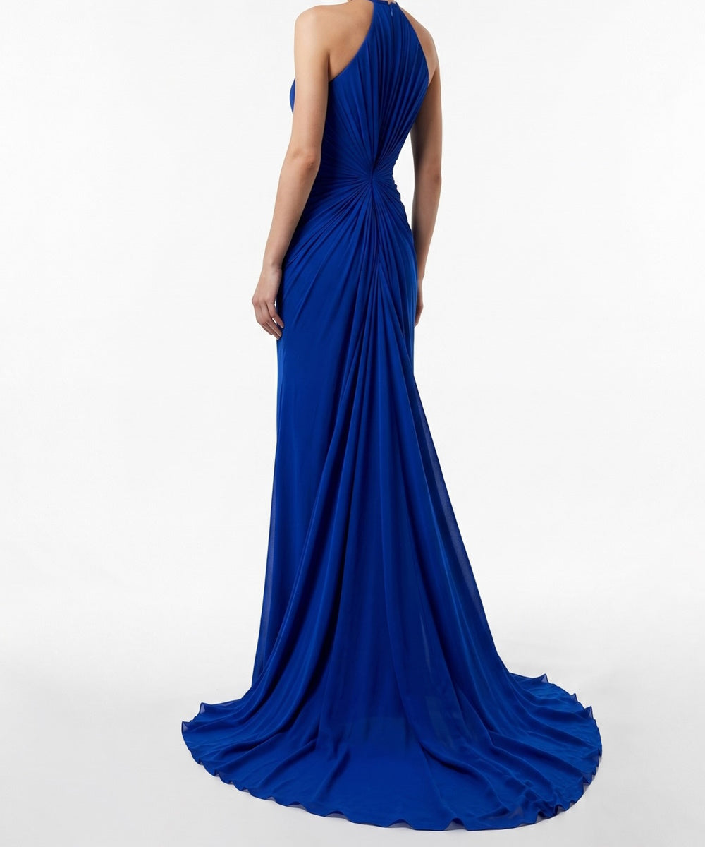 Halter Neck Beaded Royal Blue Chiffon Mermaid Evening Gown With Flowing Scarf Detail