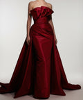 Burgundy Strapless Fold Neck Draped Satin Mermaid Gown With Overskirt Train