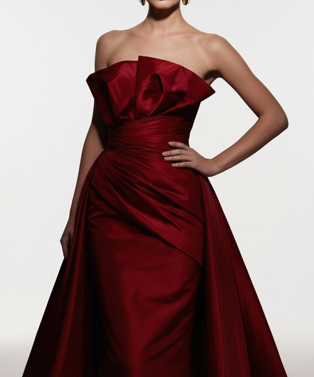 Burgundy Strapless Fold Neck Draped Satin Mermaid Gown With Overskirt Train