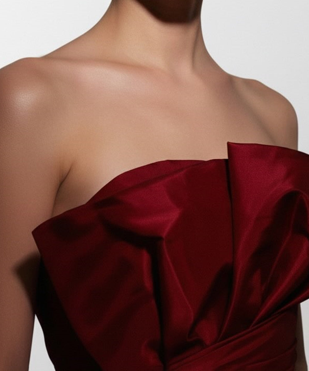 Burgundy Strapless Fold Neck Draped Satin Mermaid Gown With Overskirt Train