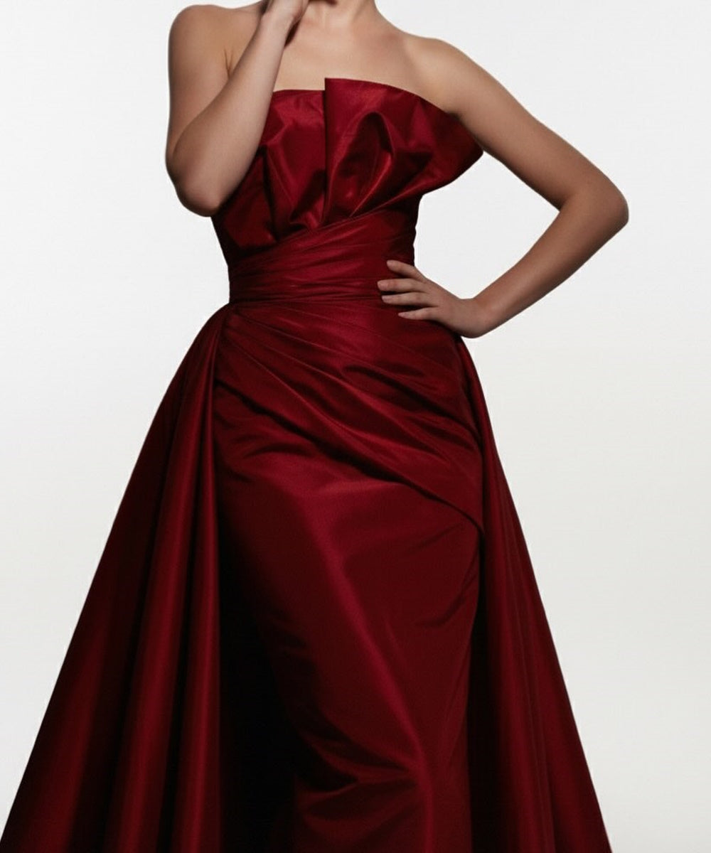Burgundy Strapless Fold Neck Draped Satin Mermaid Gown With Overskirt Train