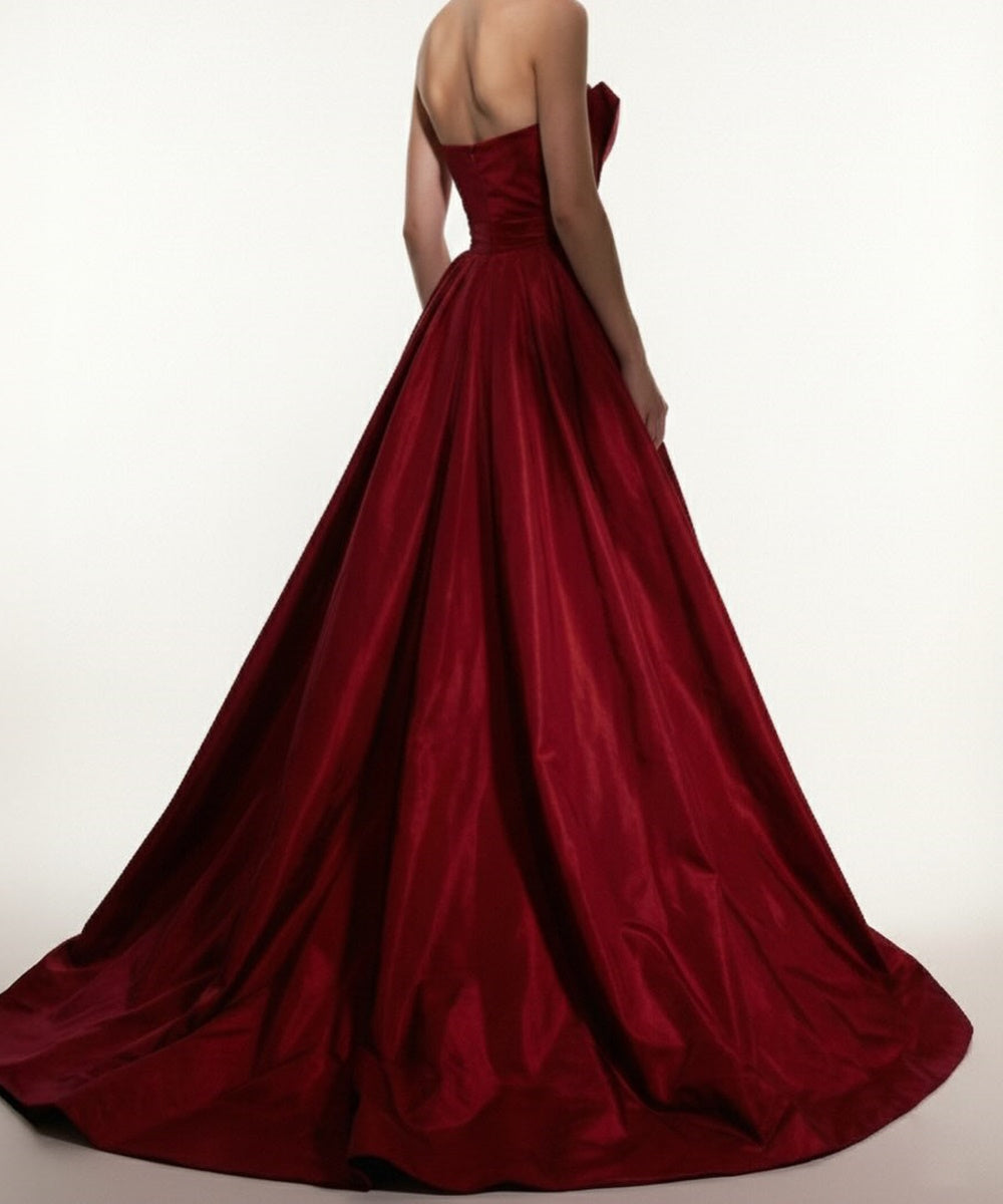 Burgundy Strapless Fold Neck Draped Satin Mermaid Gown With Overskirt Train