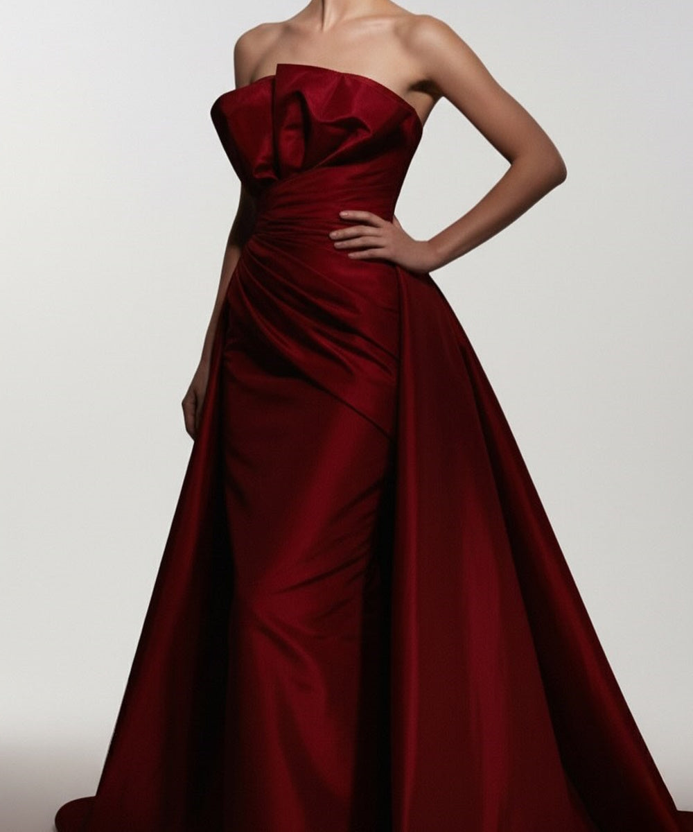 Burgundy Strapless Fold Neck Draped Satin Mermaid Gown With Overskirt Train