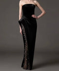 Black Strapless Velvet High Slit Pearl Mesh Panel Column Maxi Evening Gown