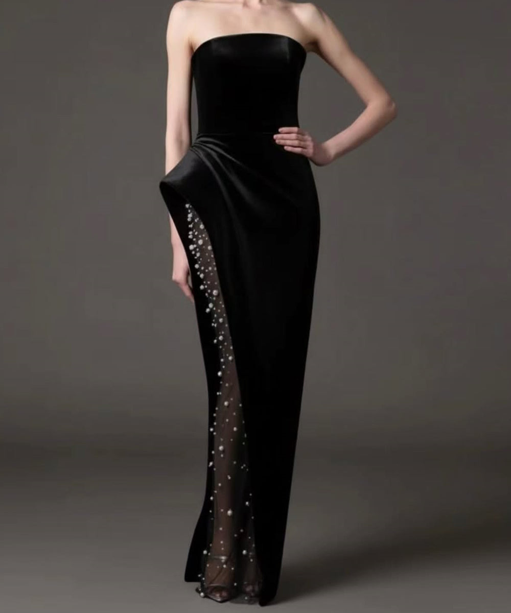 Black Strapless Velvet High Slit Pearl Mesh Panel Column Maxi Evening Gown