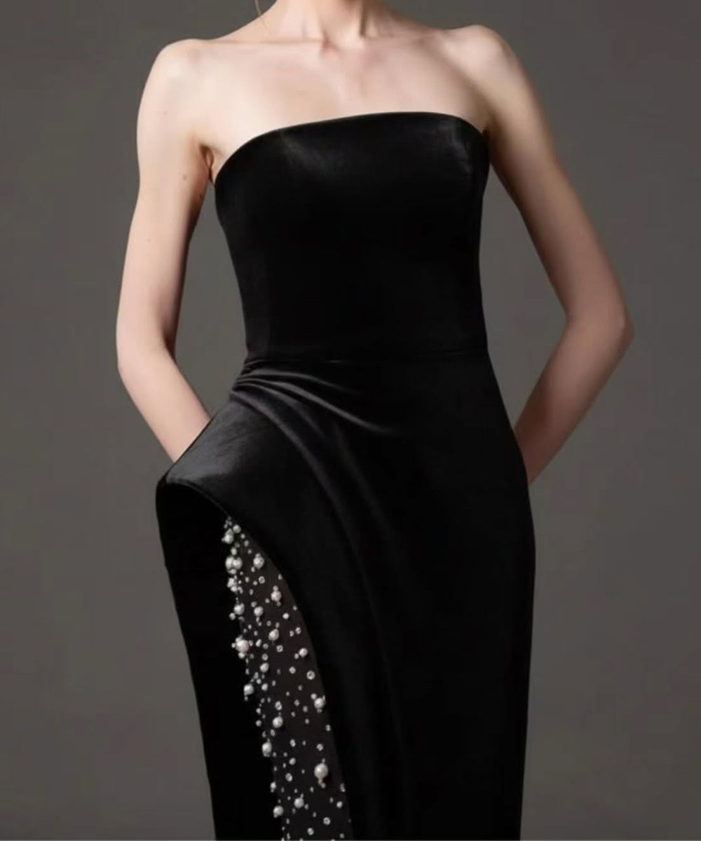 Black Strapless Velvet High Slit Pearl Mesh Panel Column Maxi Evening Gown
