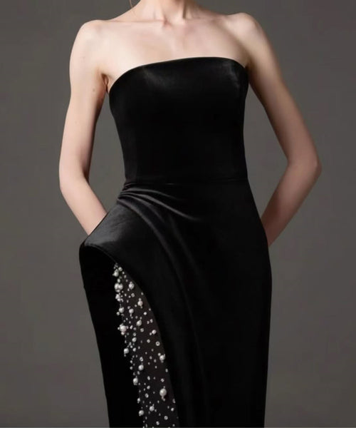 Black Strapless Velvet High Slit Pearl Mesh Panel Column Maxi Evening Gown