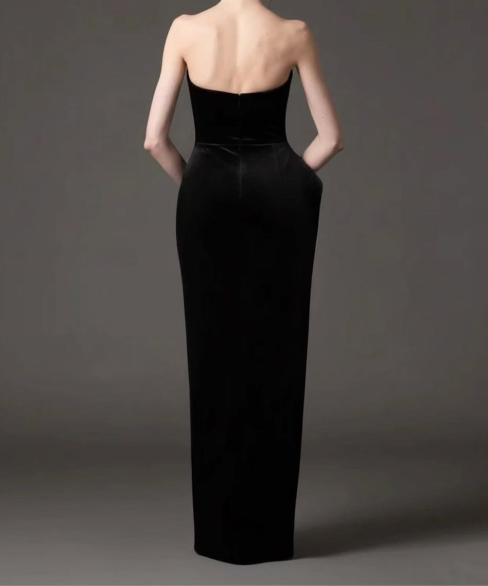 Black Strapless Velvet High Slit Pearl Mesh Panel Column Maxi Evening Gown