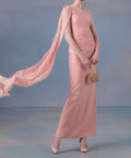 Blush Pink One Shoulder Draped Shimmer Fabric Flowing Cape Sleeve Column Maxi Gown