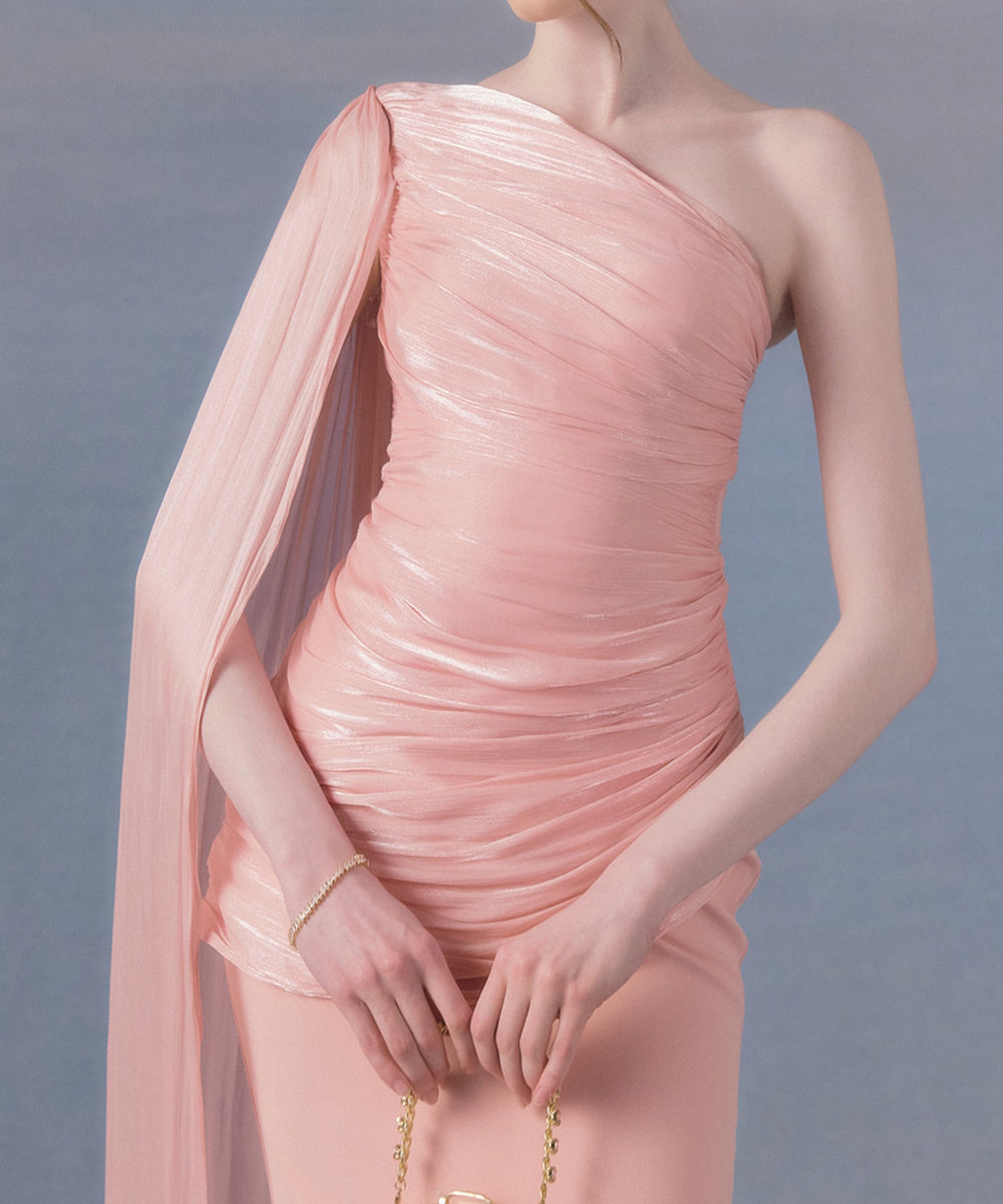 Blush Pink One Shoulder Draped Shimmer Fabric Flowing Cape Sleeve Column Maxi Gown