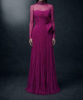 Magenta Beaded High Neck Mesh Long Sleeve Pleated Chiffon Evening Gown with Side Bow