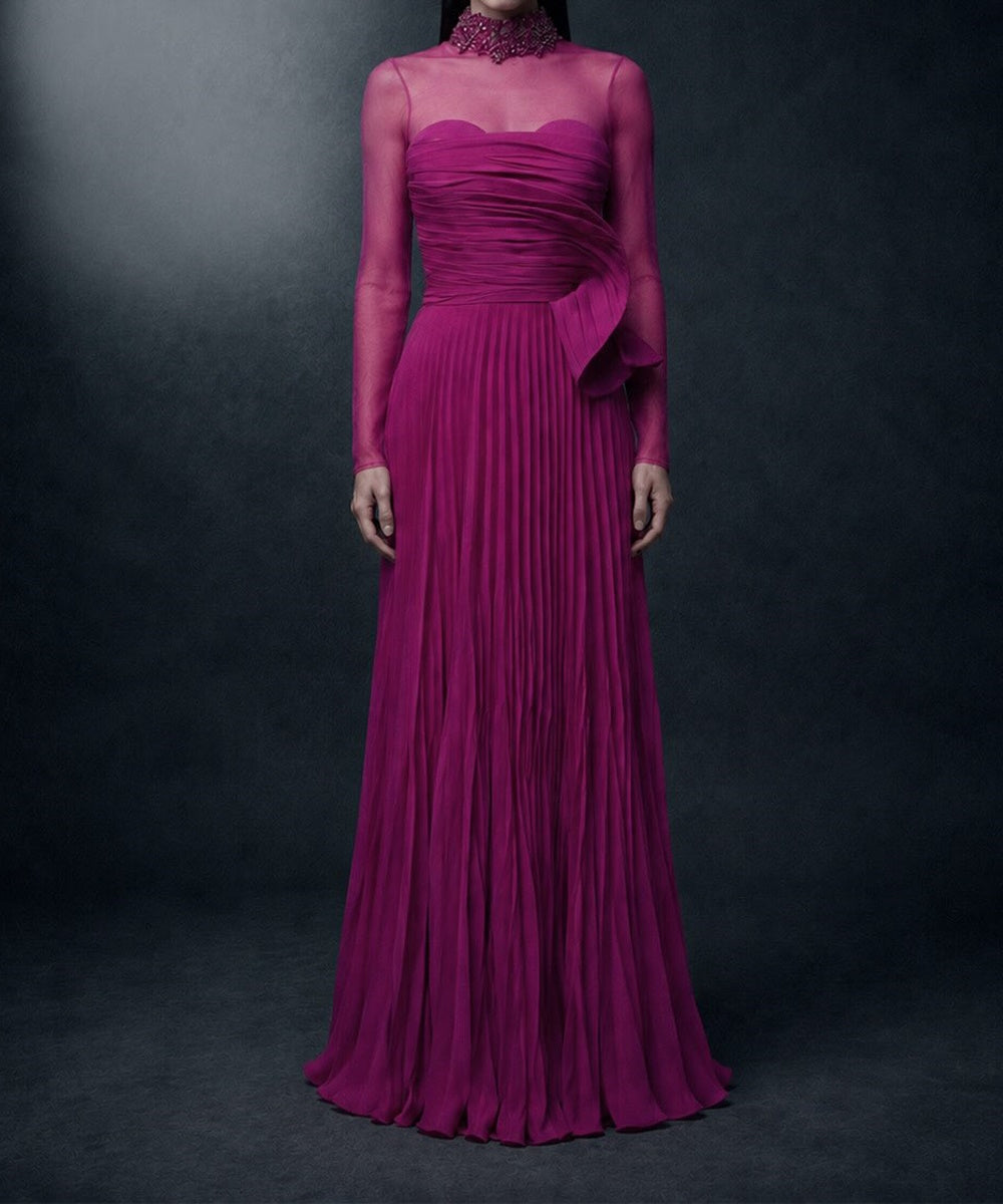 Magenta Beaded High Neck Mesh Long Sleeve Pleated Chiffon Evening Gown with Side Bow