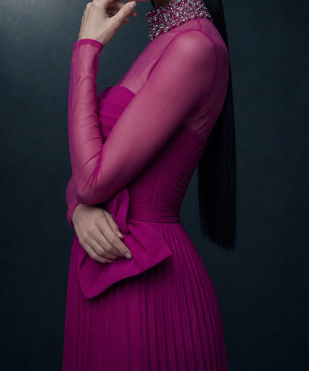 Magenta Beaded High Neck Mesh Long Sleeve Pleated Chiffon Evening Gown with Side Bow