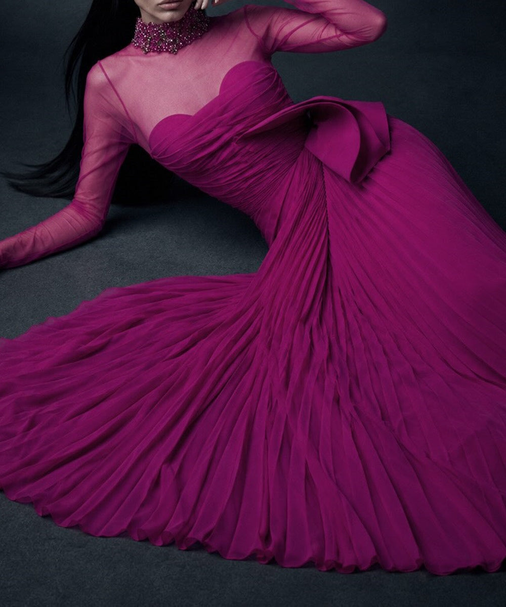 Magenta Beaded High Neck Mesh Long Sleeve Pleated Chiffon Evening Gown with Side Bow