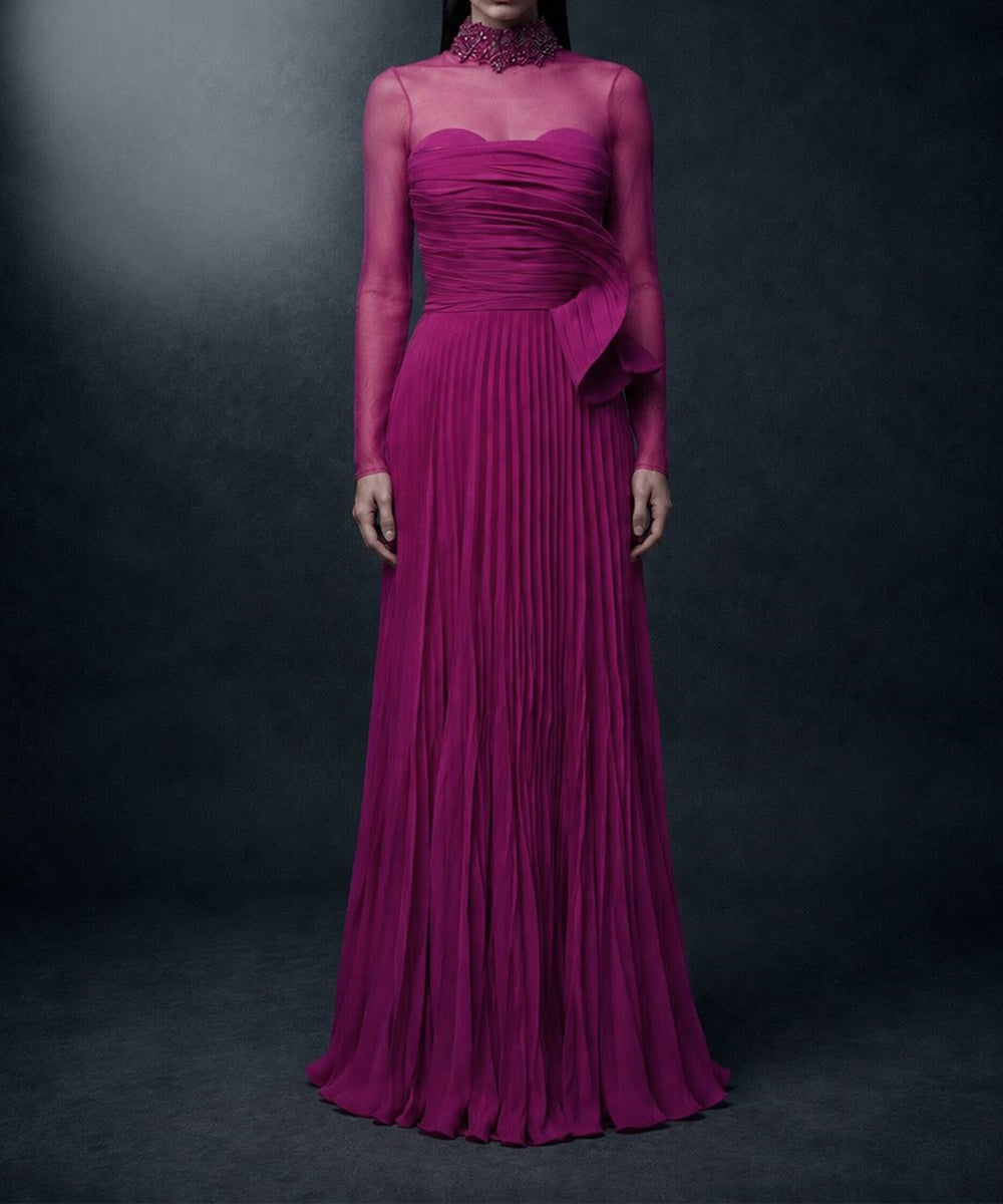 Magenta Beaded High Neck Mesh Long Sleeve Pleated Chiffon Evening Gown with Side Bow