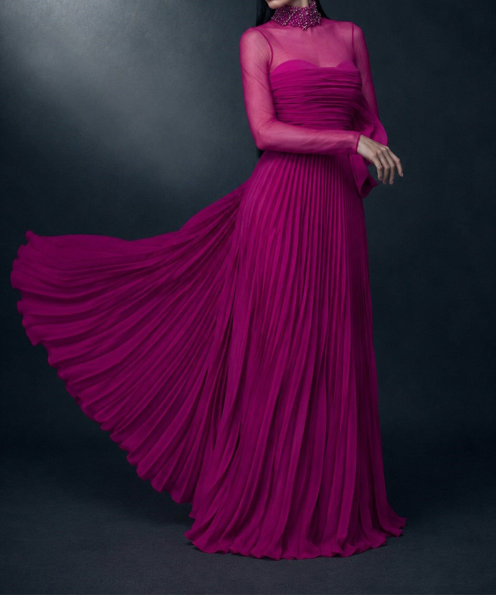 Magenta Beaded High Neck Mesh Long Sleeve Pleated Chiffon Evening Gown with Side Bow