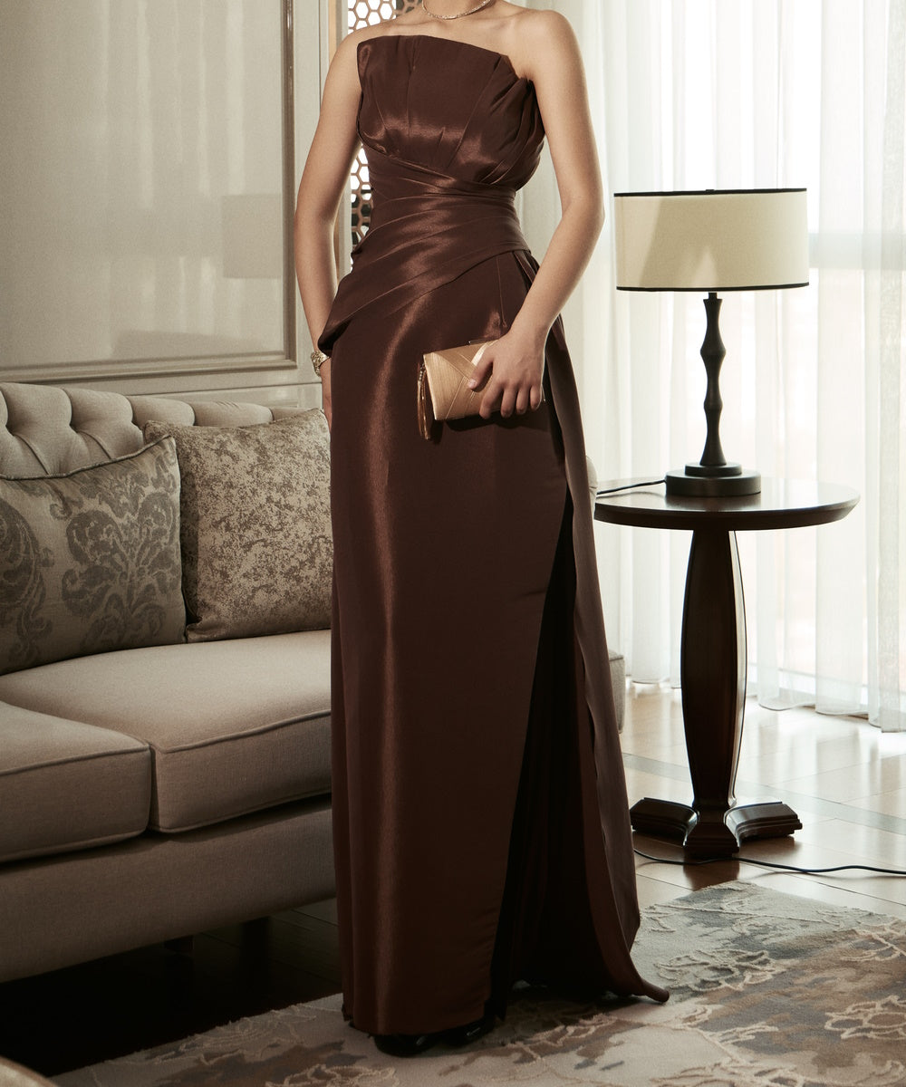 Chocolate Brown Strapless Wrap Draped Satin High Slit Column Maxi Evening Gown