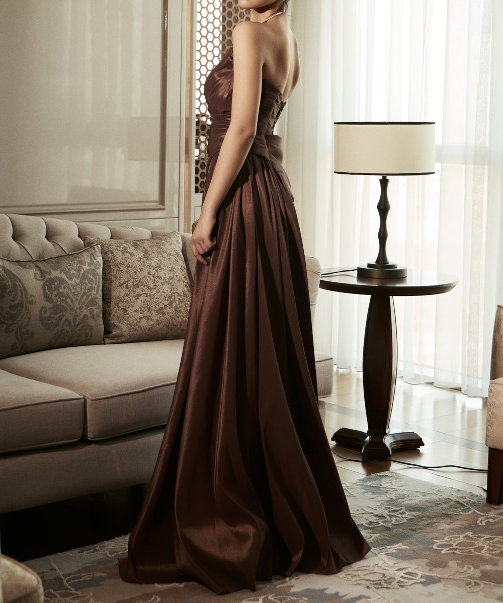 Chocolate Brown Strapless Wrap Draped Satin High Slit Column Maxi Evening Gown